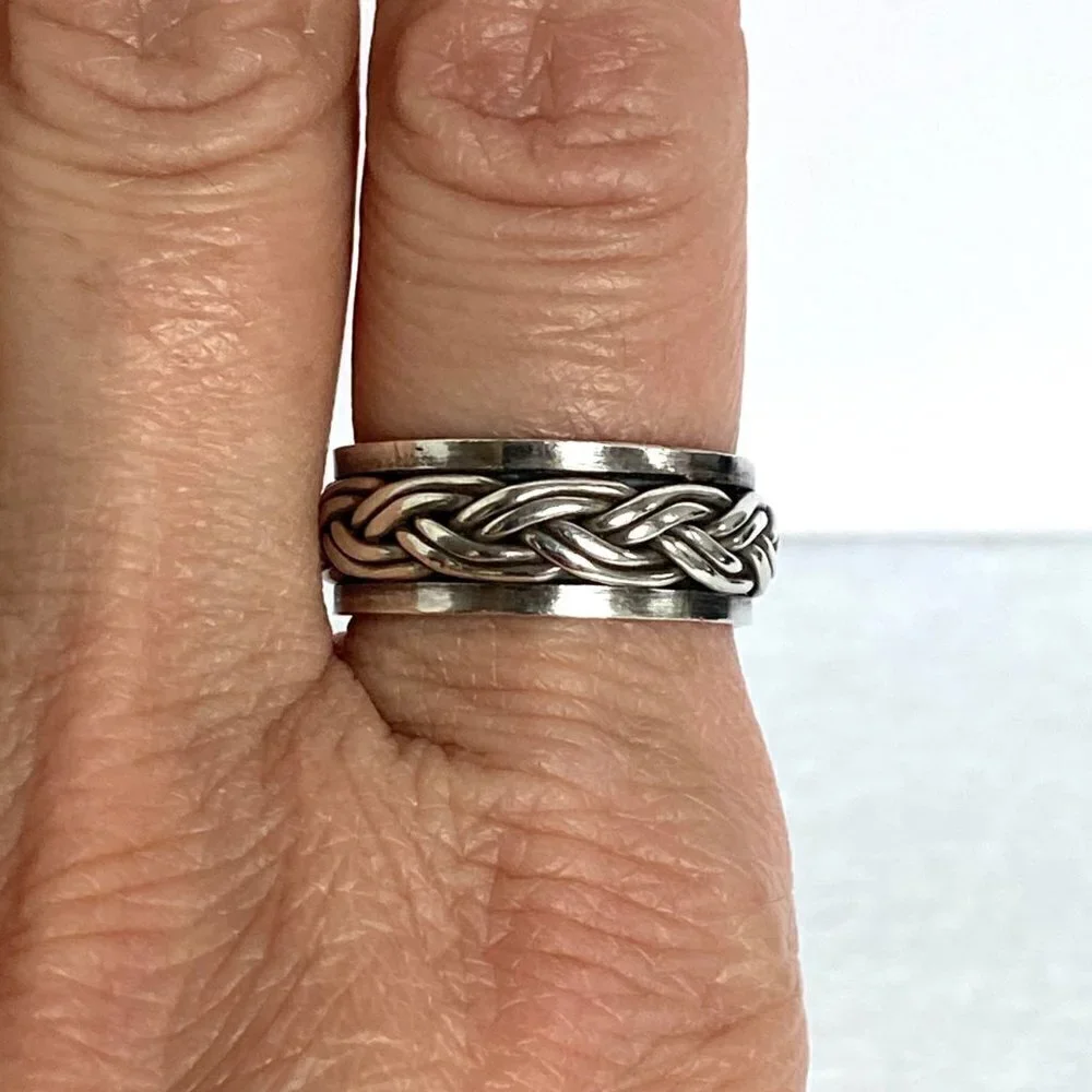 Sterling Silver 925 8MM Unisex Braided Rope Wide Band Spinner Ring Size 8.25 8g